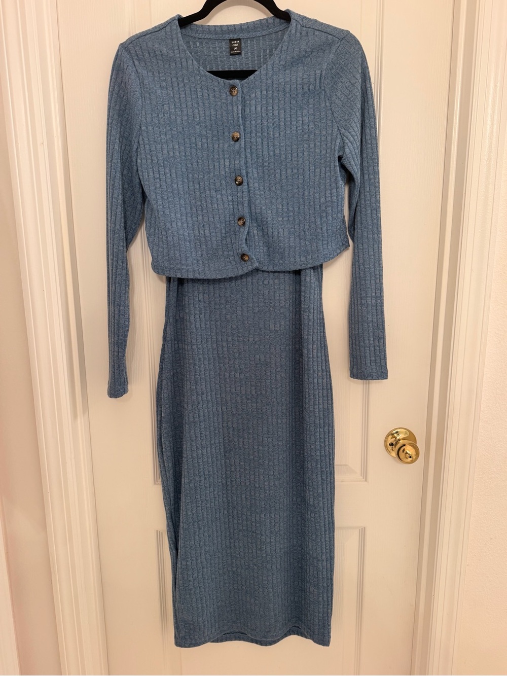 SHEIN Blue Ribbed Long Sleeve Midi Dress with Buttoned Cardigan